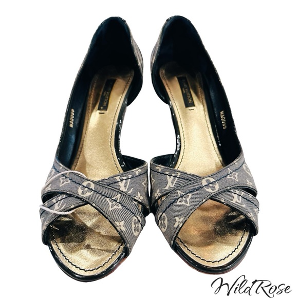Louis Vuitton Blue Mini Lin Canvas And Patent Leather D'orsay Open Toe Pumps 37 - Picture 4 of 17